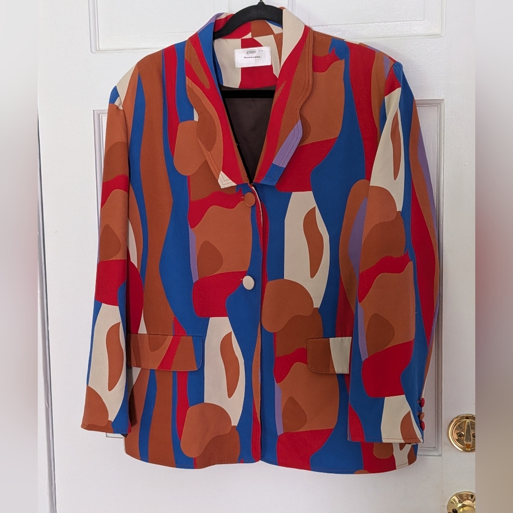 Hosbjerg Greta Adele Blazer Size L Red Blue Geometric Print Statement Jacket - Picture 2 of 7
